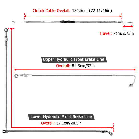 Extended Length ABS Upper and Lower Hydraulic Front Brake Line, Clutch Cable Kit for 2015 - 2017 Harley Softail w/ABS Models (for 14" - 16" Handlebar) - Mofun - 90109036