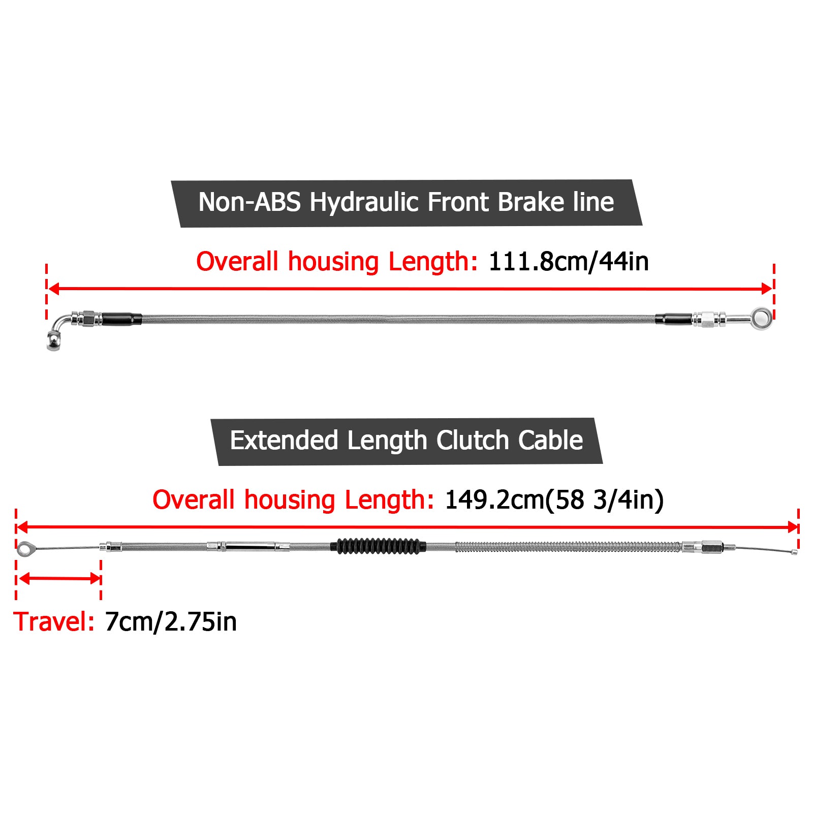 Non-ABS Hydraulic Front Brake Line, Clutch Cable Kit for Harley Sportster 883 Iron/Custom XL (for 10" Handlebar w/Non-ABS)