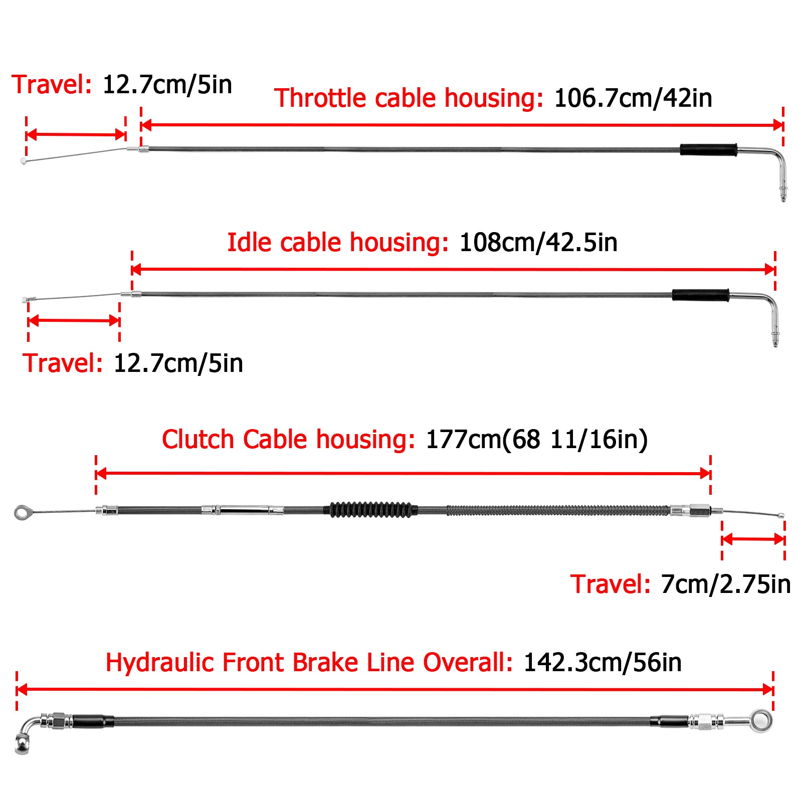 Black Non-ABS Hydraulic Front Brake Line, Clutch cable, Throttle and Idle Cable Kit for 1993-2005 Harley Dyna Wide Glide on 16"-18" Handlebar (Non-ABS)