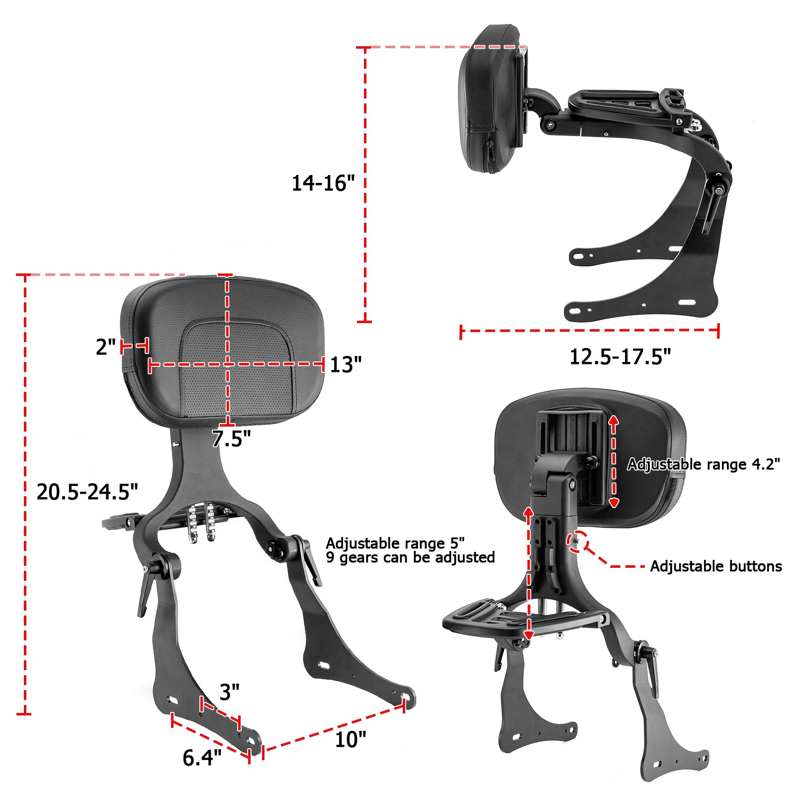 2015-2016 Kawasaki Vulcan S 650 & 2017-2024 Vulcan S EN650 Matte Black Multi Purpose Adjustable Passenger Driver Backrest