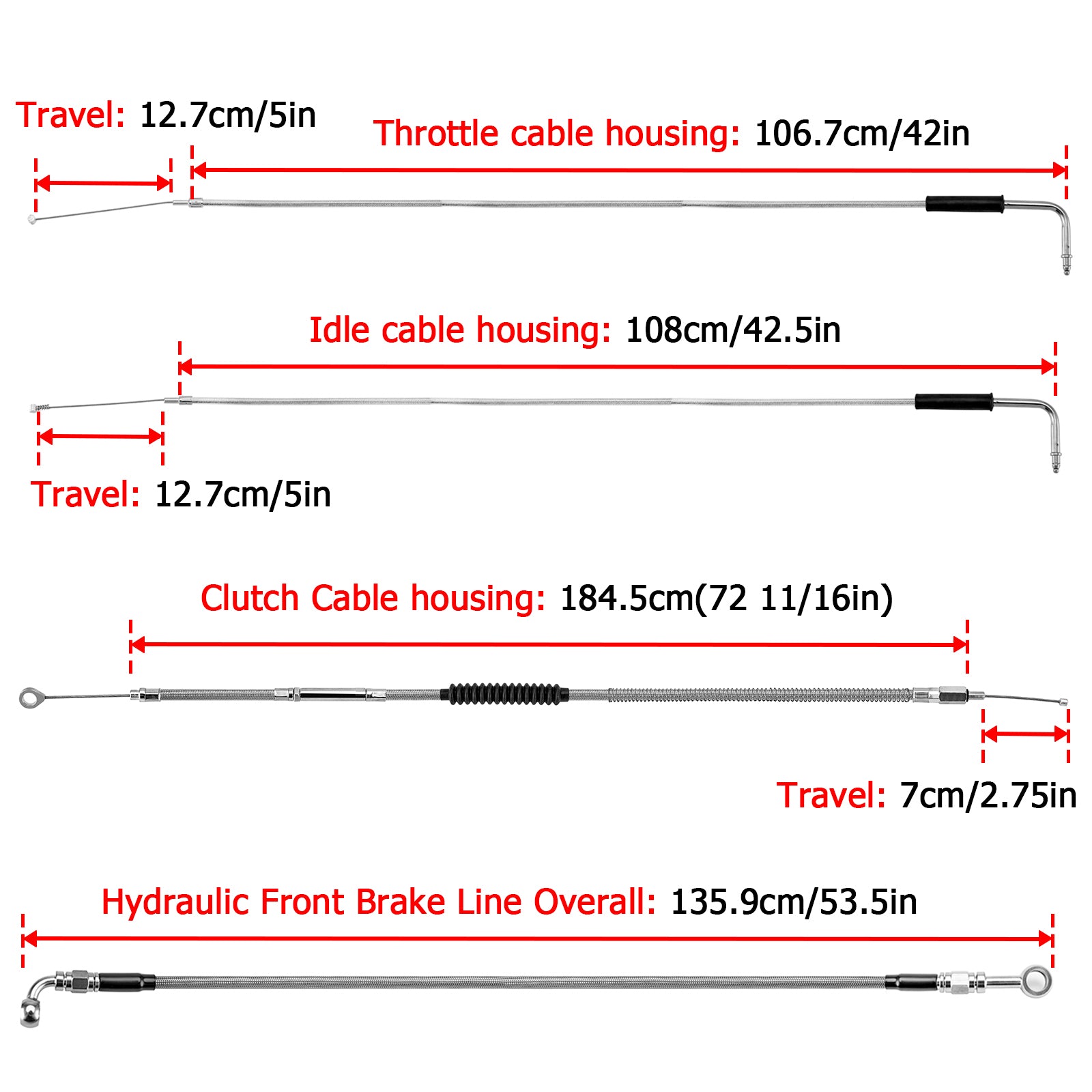 Extended Length Non-ABS Hydraulic Front Brake Line, Clutch Cable, Throttle and Idle Cable Kit for 2007-2008 Harley Dyna (EFI) Low Rider/Street Bob/Super Glide On 14"-16" Handlebar