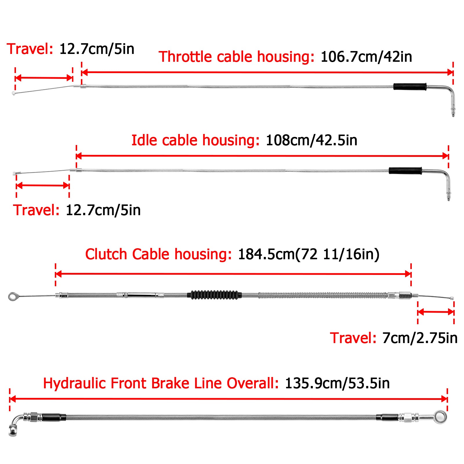 Extended Length Non - ABS Hydraulic Front Brake Line, Clutch Cable, Throttle and Idle Cable Kit for 2007 - 2008 Harley Dyna (EFI) Low Rider/Street Bob/Super Glide On 14