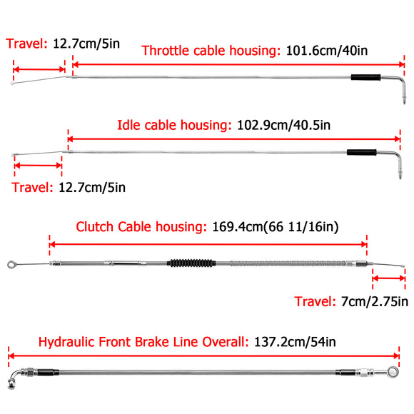 Extended Length Non - ABS Hydraulic Front Brake Line, Clutch Cable, Throttle and Idle Cable Kit for 1993 - 2005 Harley Dyna Wide Glide On 12" - 14" Handlebar - Mofun - 90109225