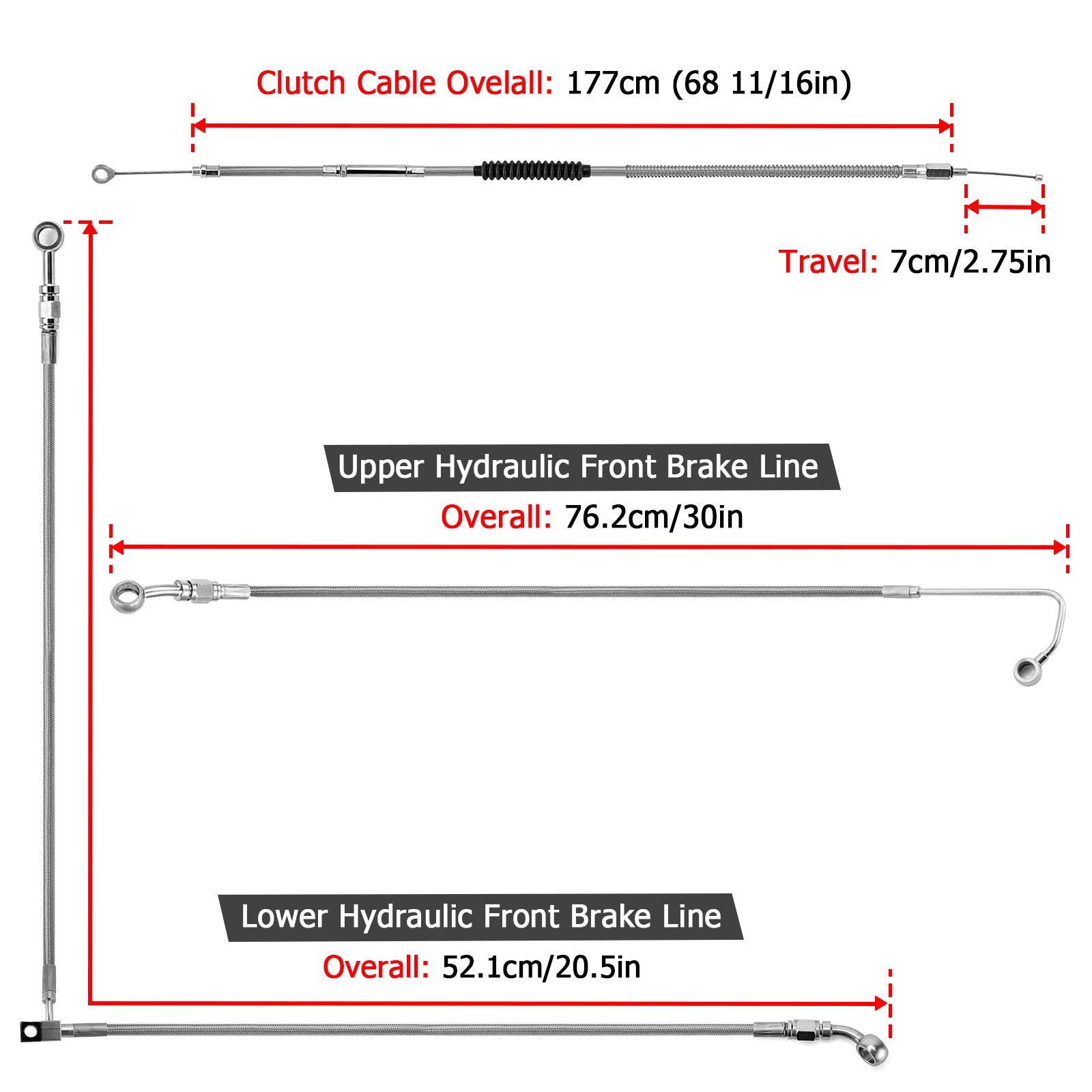 Extended Length ABS Upper and Lower Hydraulic Front Brake Line, Clutch Cable Kit for 2015-2017 Harley Softail w/ABS Models (for 12"-14" Handlebar)