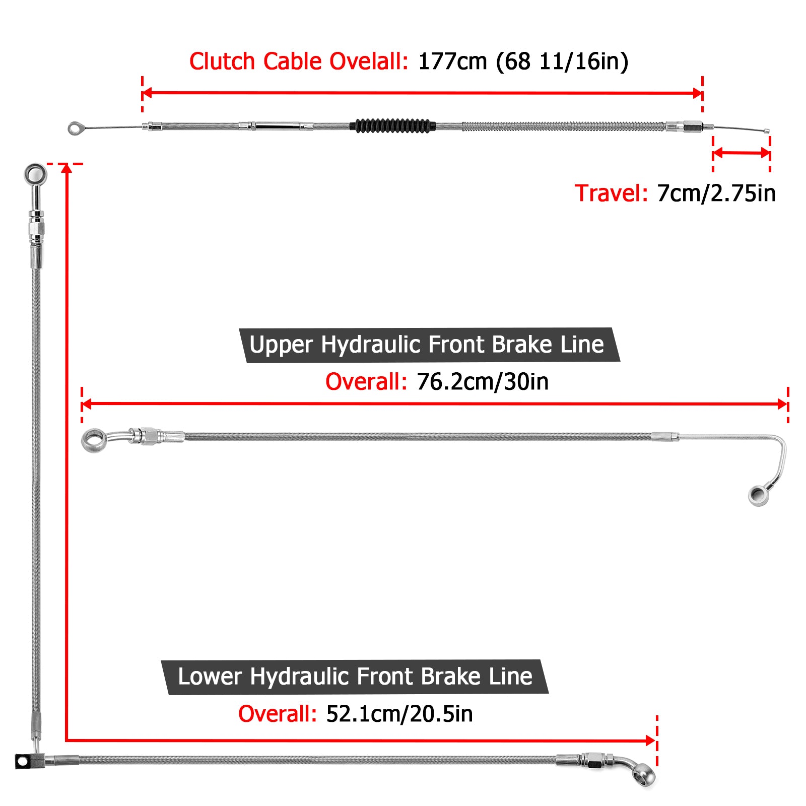 Extended Length ABS Upper and Lower Hydraulic Front Brake Line, Clutch Cable Kit for 2015 - 2017 Harley Softail w/ABS Models (for 12