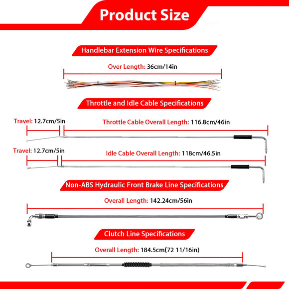 For 1993-2005 Harley Dyna Wide Glide FXDWG Non-ABS Models Extended Length Throttle and Idle Cable&Clutch Cable&Non-ABS Hydraulic Front Brake Line Kit (16"-18" Handlebar (Non-ABS)) - Mofun - 90109252