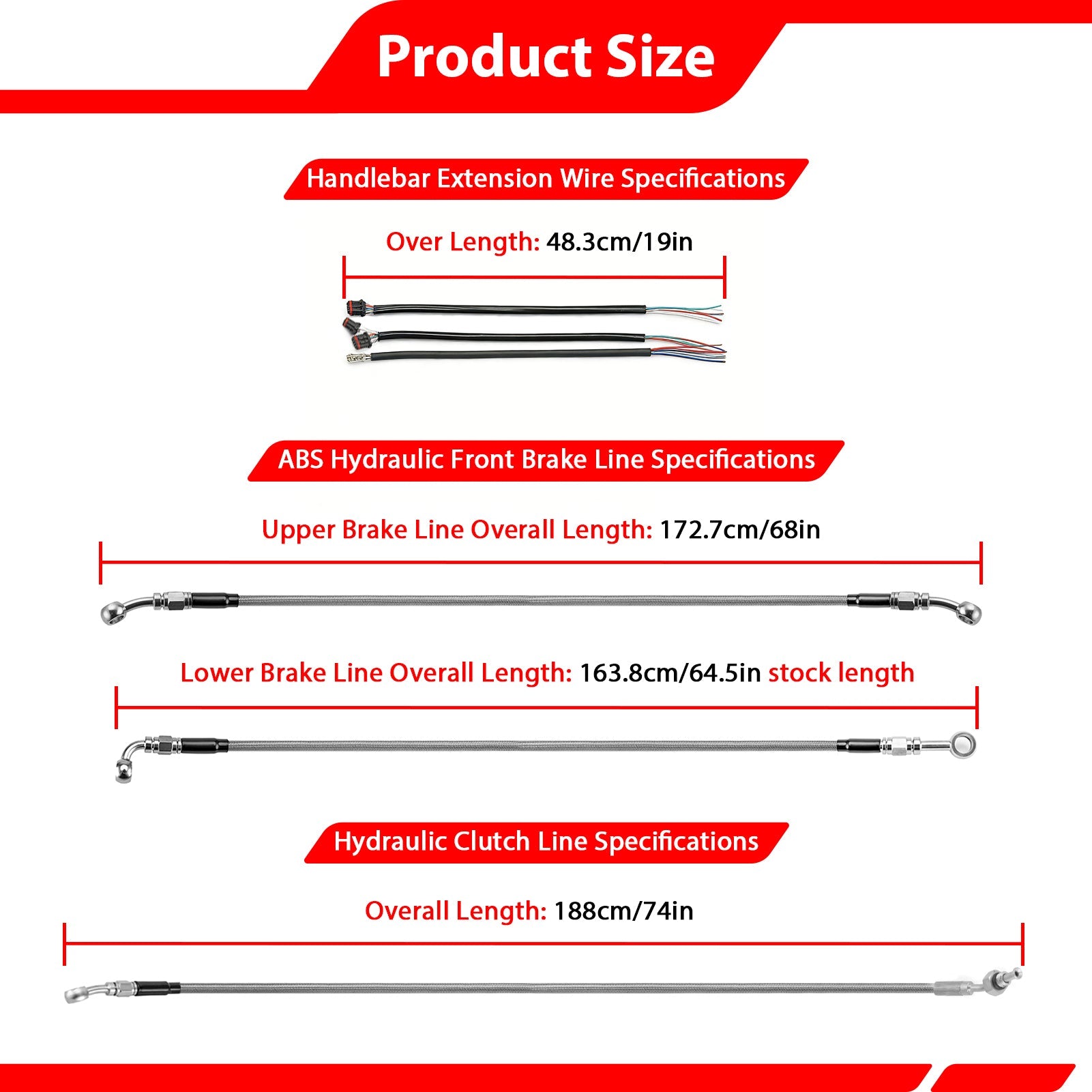 For 2014-2016 Harley Touring w/ABS Models Handlebar Extension Wire, Extended Length ABS Hydraulic Front Brake Line and Hydraulic Clutch Line Kit (for 12