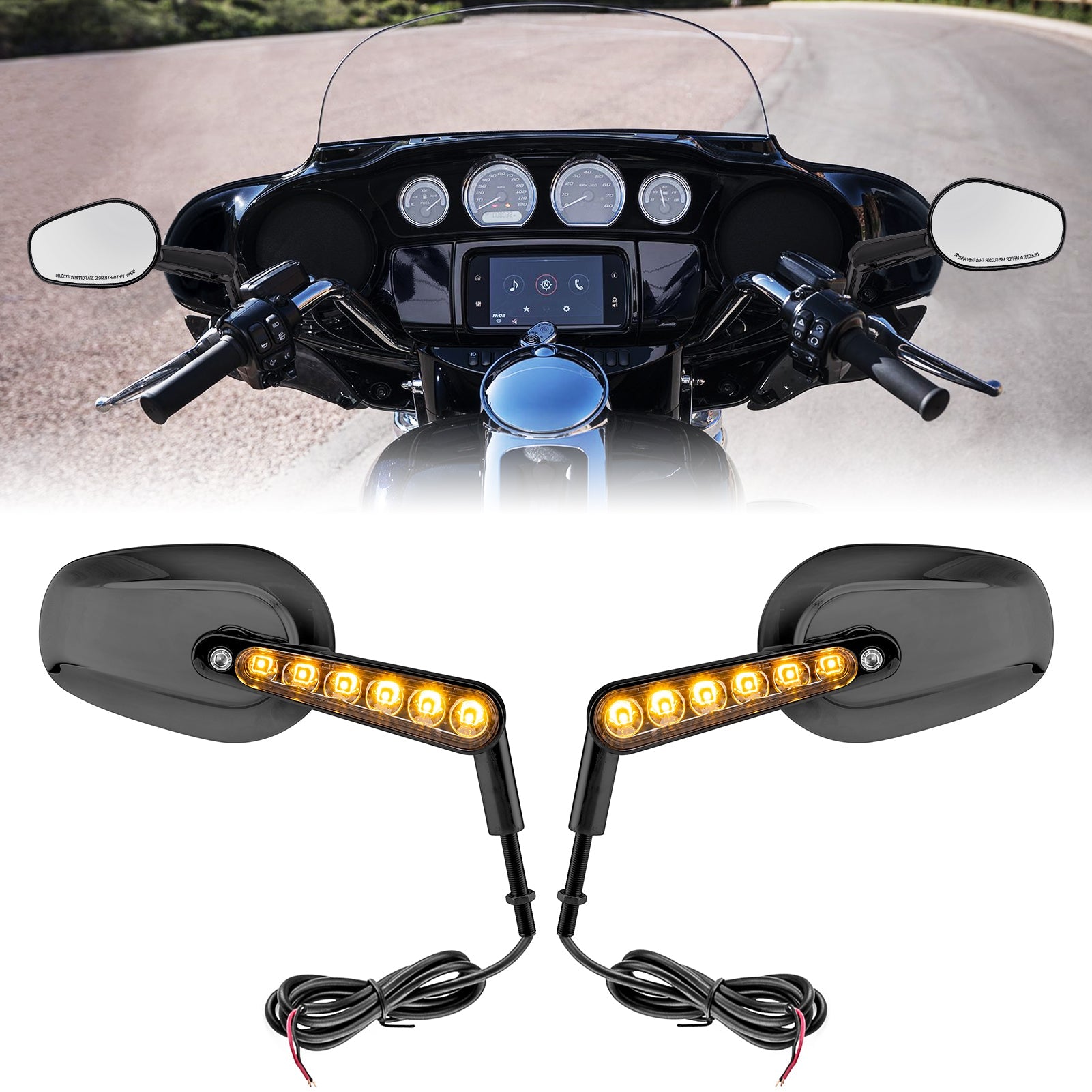 Harley Muscle Rear View Mirrors w/ LED Turn Signal | Black CNC Aluminium - Mofun - 90106027