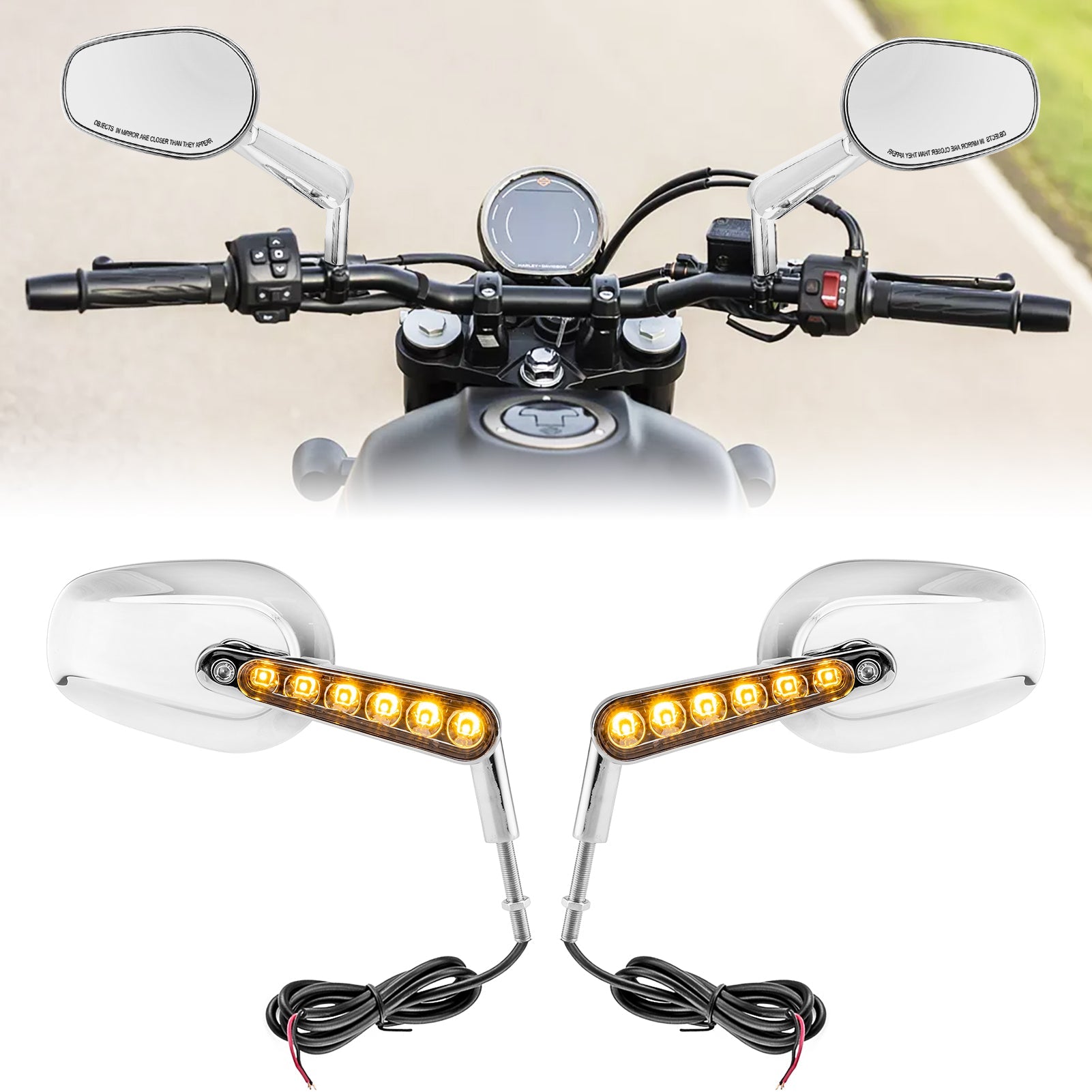 Harley Muscle Rear View Mirrors w/ LED Turn Signal | Chrome CNC Aluminium - Mofun - 90106026