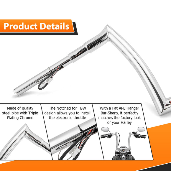 Harley Softail/Sportster/Touring Road King 12" Rise 1" Diameter Pre - wired Handlebar Horn Style Ape Bar - Mofun - 90101651
