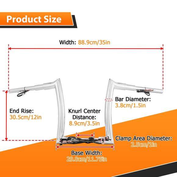 Harley Softail/Sportster/Touring Road King 12" Rise 1" Diameter Pre - wired Handlebar Horn Style Ape Bar - Mofun - 90101651