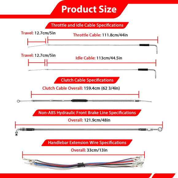 Harley Sportster XL883L / XL 1200N Non - ABS Extended Length Throttle and Idle Cable, Non - ABS Hydraulic Front Brake Line and Clutch Cable Kit (for 12" - 14" Handlebar) - Mofun - 90109274