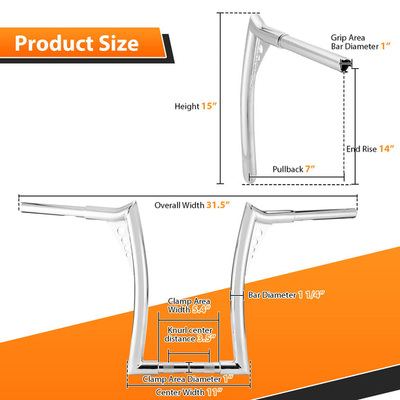 Harley Touring Sportster Softail Dyna Road King Road Glide 14" APE Hanger Bar - Sharp Handlebar - Mofun - 90101553