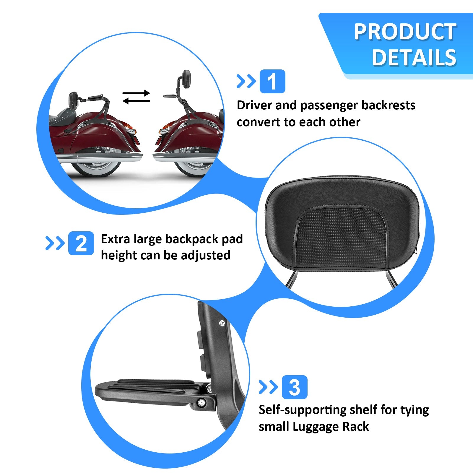 Indian Hard Saddlebag 2014 - 2025 Models Matte Black Multi - Purpose Adjustable Passenger Driver Backrest - Mofun - 90302145