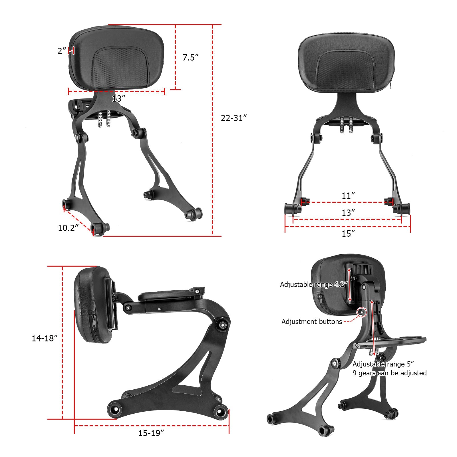 Indian Hard Saddlebag 2014 - 2025 Models Matte Black Multi - Purpose Adjustable Passenger Driver Backrest - Mofun - 90302145