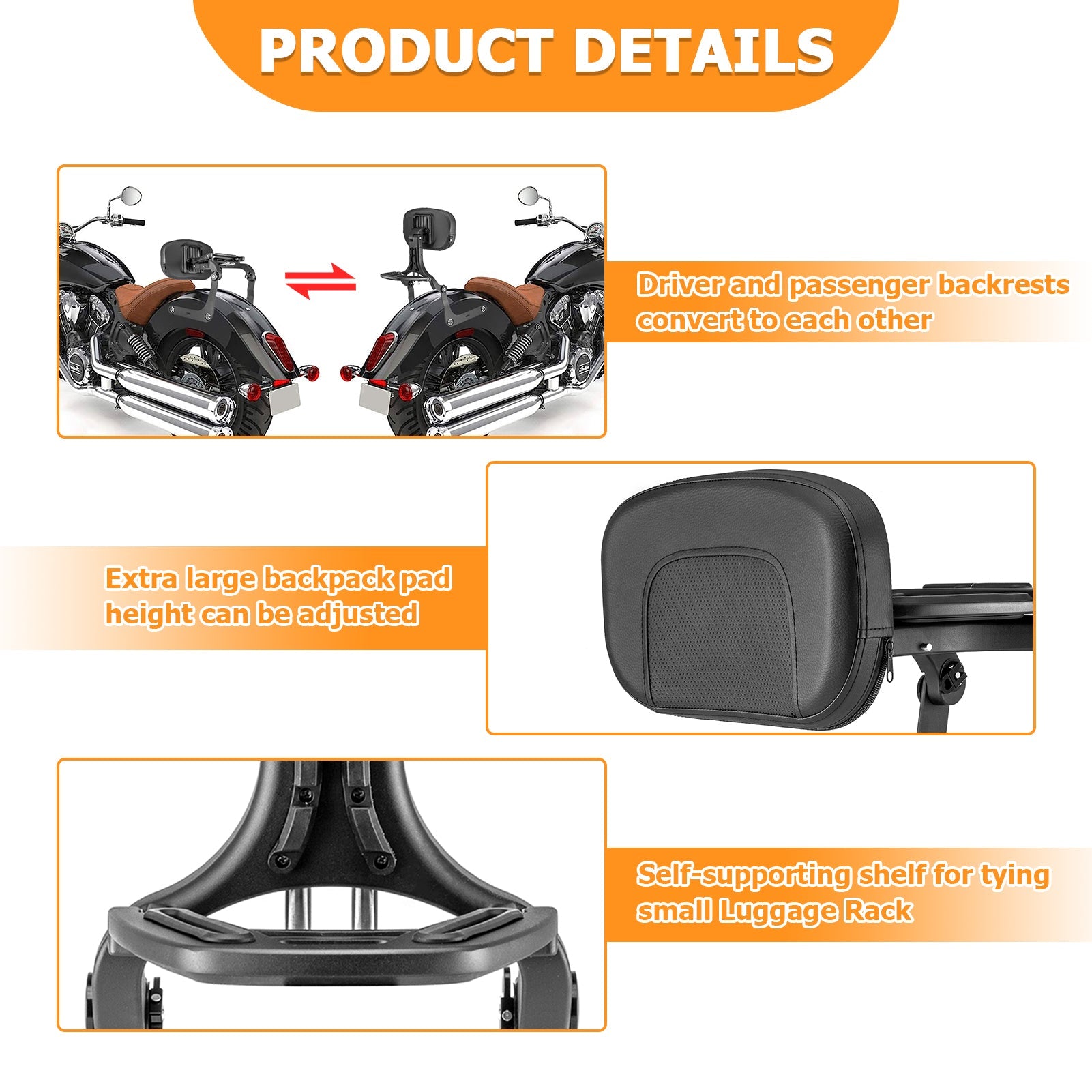 Indian Scout Sixty ABS Multi Purpose Adjustable Passenger Driver Backrest - Mofun - 90302142