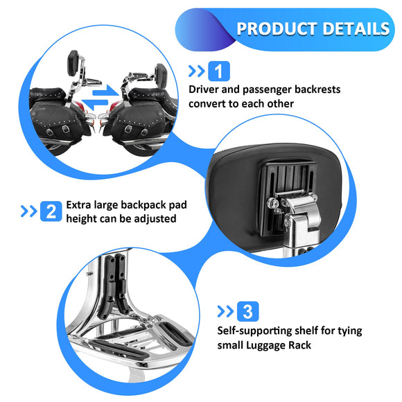 2006 - 2025 Kawasaki Vulcan 900 2000 Chrome Multi - Function Foldable Passenger Driver Backrest Sissy Bar - Mofun - 90302165