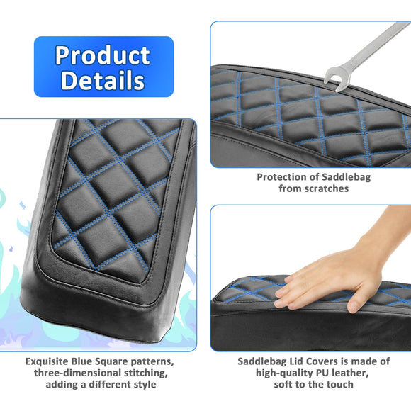 1993 - 2013 Harley Touring Blue Square Microfiber Leather Saddlebag Lid Covers - Mofun - 90209014