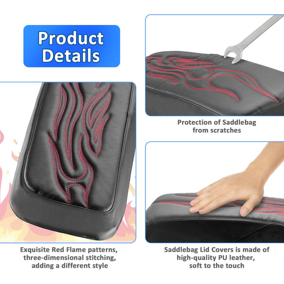 1993 - 2013 Harley Touring Microfiber Leather Red Flame Saddlebag Lid Covers - Mofun - 90209008