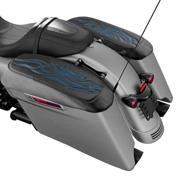 2014 - 2024 Harley Touring Blue Flame Microfiber Leather Saddlebag Lid Covers - Mofun - 90209011