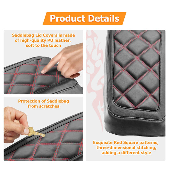 2014 - 2024 Harley Touring Road King Road Glide Red Square Microfiber Leather Saddlebag Lid Covers - Mofun - 90209013