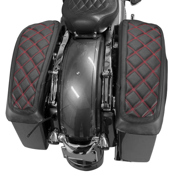 2014 - 2024 Harley Touring Road King Road Glide Red Square Microfiber Leather Saddlebag Lid Covers - Mofun - 90209013