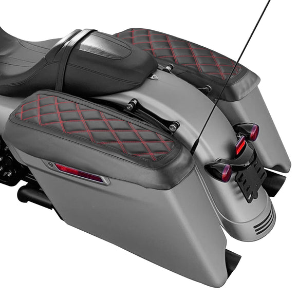 2014 - 2024 Harley Touring Road King Road Glide Red Square Microfiber Leather Saddlebag Lid Covers - Mofun - 90209013