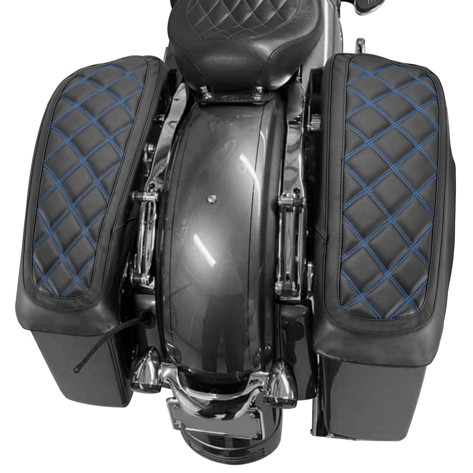 2014-2023 Harley Touring Road King/Glide Blue Square Microfiber Leather Saddlebag Lid Covers