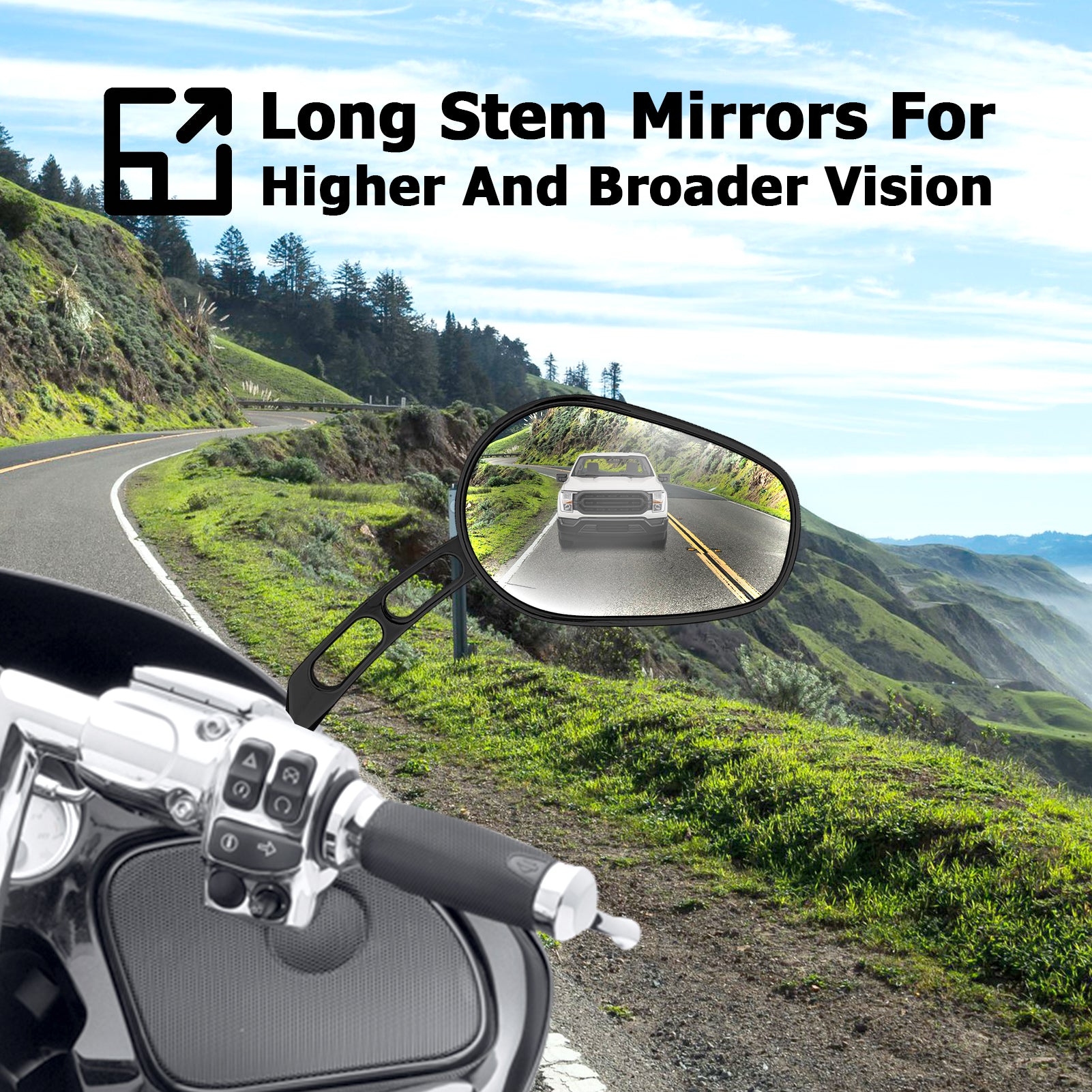 Harley Street Glide FLH Sportster Dyna Softail 360 Adjust Long Stem Rear View Side Mirrors