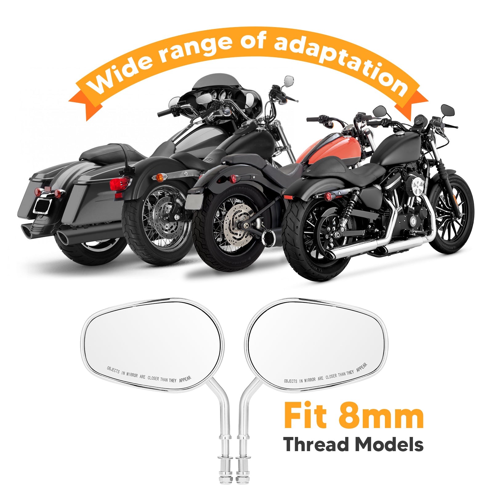 Motorcycle Harley Sportster 1000 883 XL Softail 8mm 360 Adjust Long Stem Rear View Side Tapered Mirrors - Mofun - 90106007
